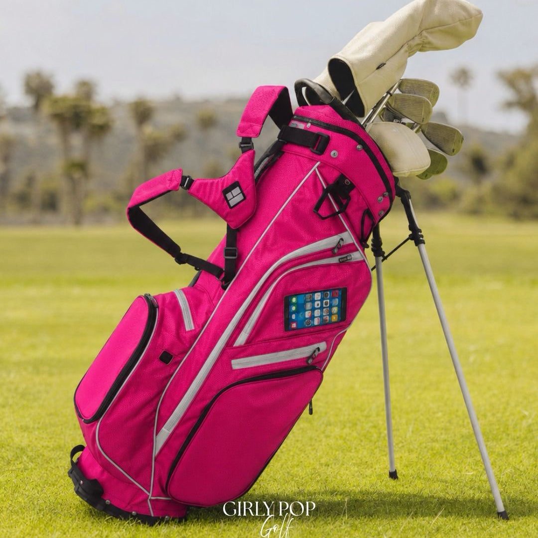 The hot pink Girly Pop stand bag with its legs out.