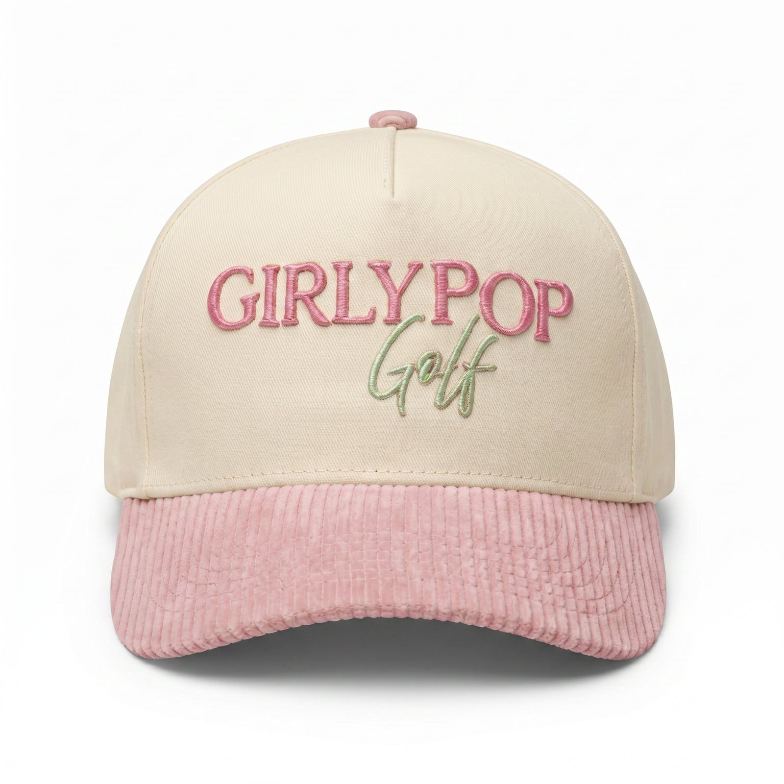 Cream cap with a pink corduroy brim.