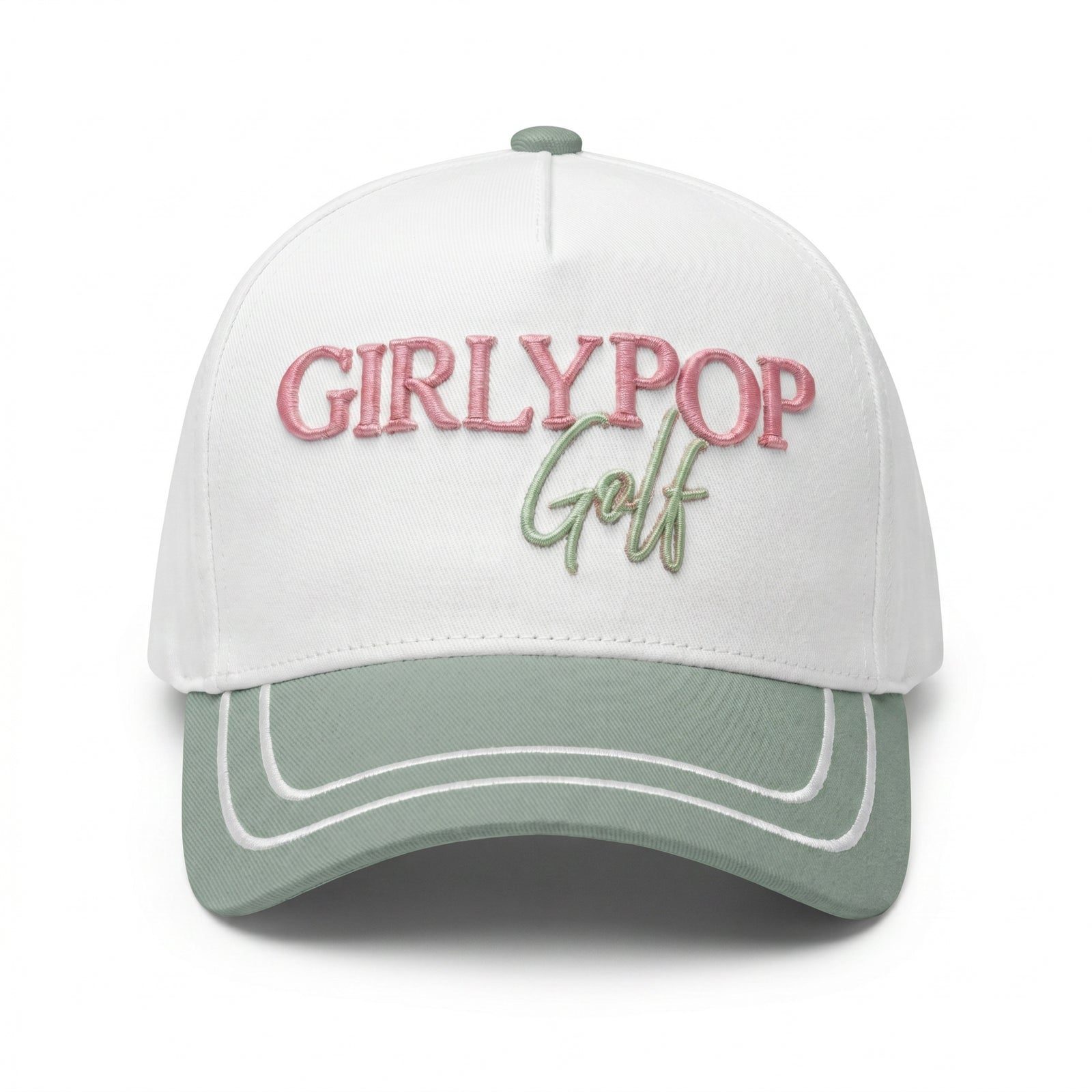 White cap with a sage green brim and a rope across the crown.