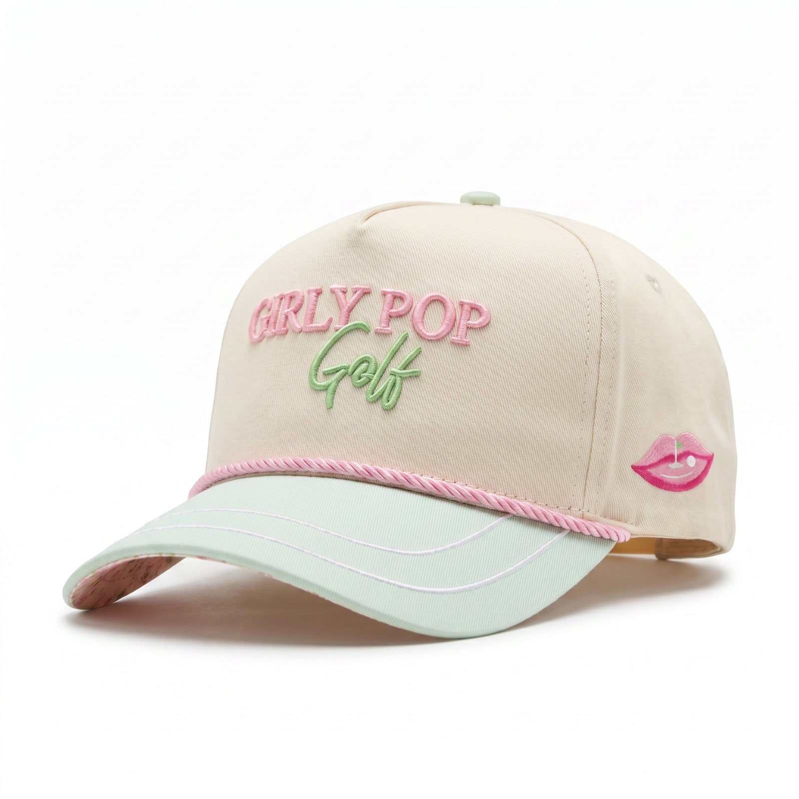 Cream rope hat with a mint brim and a rope detail.