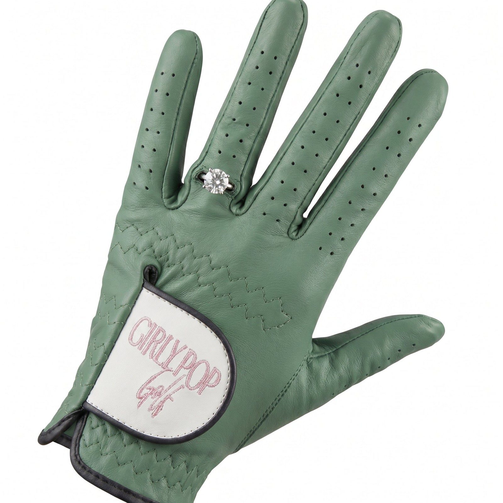 Sage green golf glove with a logo patch.