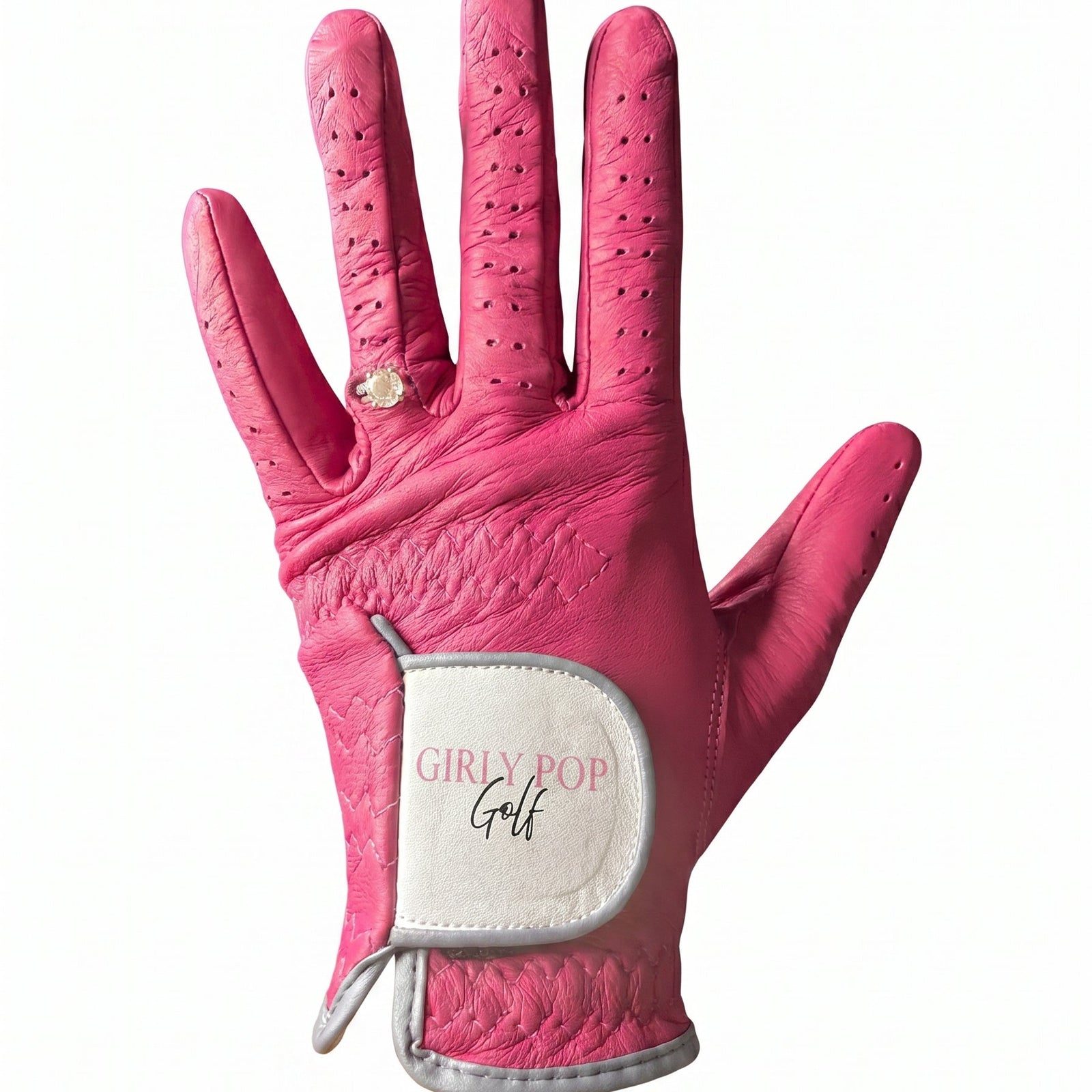 Pink leather golf glove with a cut out ring finger and a logo patch.