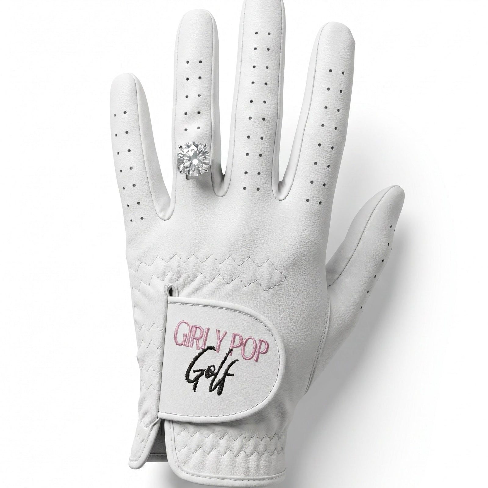 White golf glove with a logo patch.
