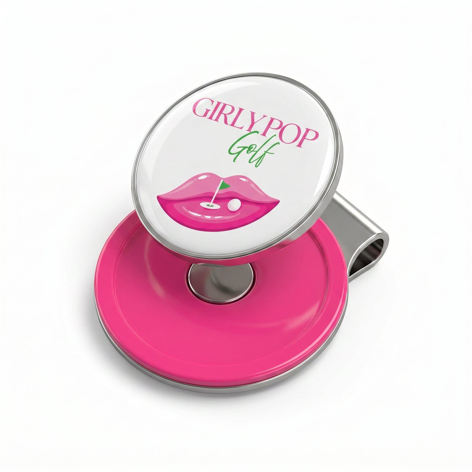 Hot pink magnetic hat clip with a round ball marker showing the pink lips logo.