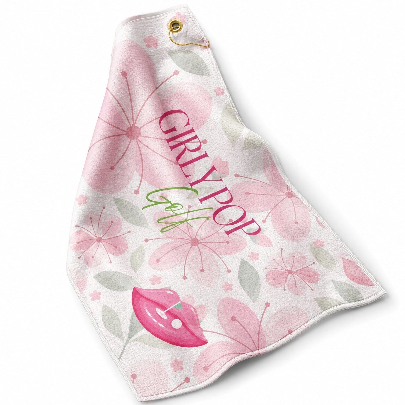 Floral print golf towel with a clip, in pink and green.